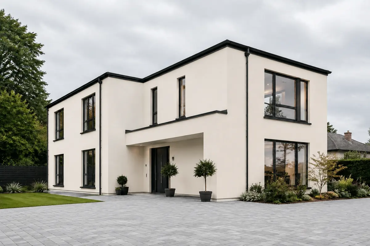 Modern home finished in smooth white silicone coloured render